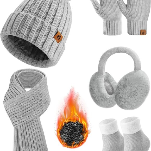 Winter Beanie Scarf Gloves Ear Muffs Fuzzy Socks 5pcs Set for Women Cold Weather - Picture 1 of 4